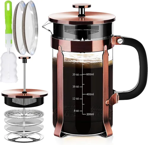 Vista 6 de YMMIND - Cafetera de prensa francesa de 34 onzas, cafetera de espresso de 5 tazas, cafetera de cobre para café frío con resistencia al calor y Ámbar