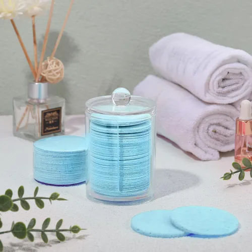 Vista 4 de Amyhill 300 esponjas faciales comprimidas, esponjas faciales naturales para limpieza, almohadillas exfoliantes faciales desechables para Azul