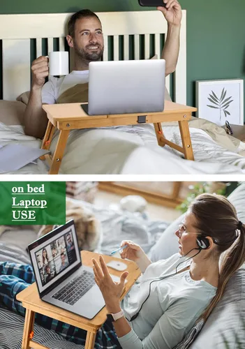 Vista 2 de Mesa para laptop Nnewvante ajustable de bambú, bandeja plegable para servir el desayuno en la cama con cajón superior inclinable