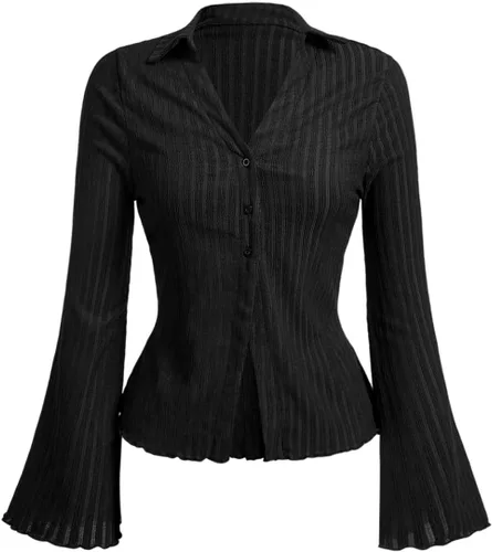 Vista 5 de SOLY HUX Camiseta de manga larga con cuello en V y botones para mujer