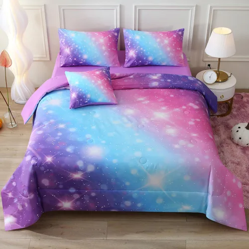 Vista 19 de JQinHome Juego de edredón con purpurina, tamaño individual, juego de ropa de cama en una bolsa de 6 piezas en 3D colorido degradado para niñas