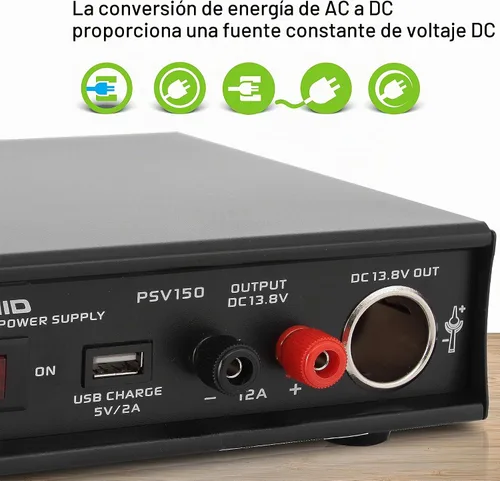 Vista 4 de Pyramid Convertidor universal de fuente de alimentación AC-DC 12V: entrada de CA dual de 115/230V, puerto USB, terminal de tornillo para encendedor