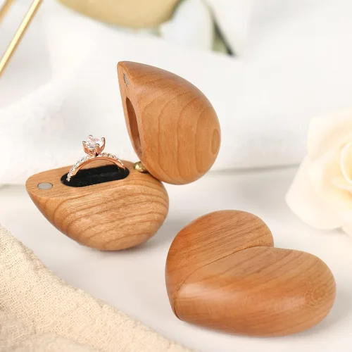 Vista 4 de Caja de madera para anillos en forma de corazón para boda, propuesta, caja de anillo de compromiso, estuche de madera para anillos de madera, regalo