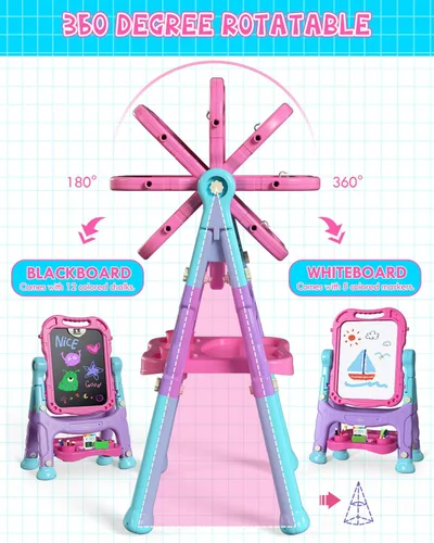 Vista 8 de Lehoo Castle Caballete para niños, caballete de arte para niños 4 en 1 de doble cara con pizarra blanca magnética y pizarra de tiza, caballete