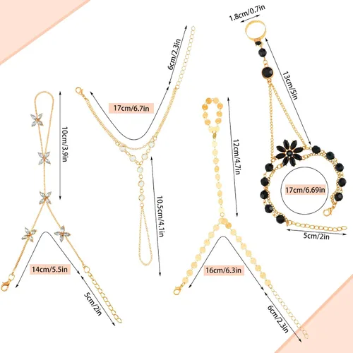 Vista 2 de Juego de 8 piezas de cadena de mano pulsera de cristal pulsera de diamantes de imitación pulsera de dedo esclavo cadena de mariposa anillo