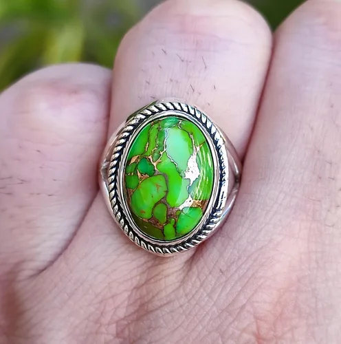 Vista 4 de Navya Craft Green Copper Turquoise Ring, 925 Sterling Silver Statement Promise Ring for Women, Natural Turquoise Oval Gemstone Handmade Boho