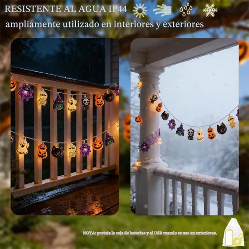 Vista 8 de Guirnalda de luces de Halloween, 10 pies, 20 luces LED de otoño, USB y batería, decoración de Halloween, luz de otoño, 8 modos intermitentes, bonita
