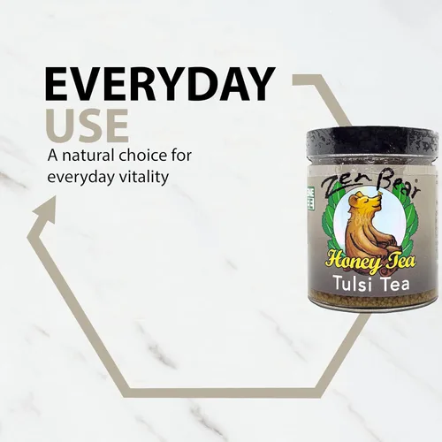 Vista 4 de Zen Bear Tulsi Tea – Mezcla de hojas de albahaca sagrada orgánica y miel pura – Té de hierbas para aliviar el estrés para relajación y bienestar