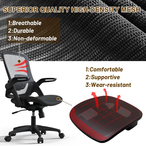 Vista 6 de KOLLIEE Silla de oficina en casa de malla ergonómica giratoria con soporte lumbar ajustable, silla de computadora cómoda negra con abatible