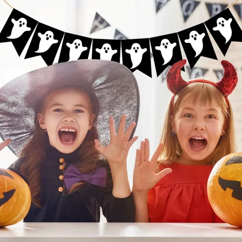 Vista 4 de Doumeny Pancarta de arpillera de fantasma de Halloween, guirnalda espeluznante, guirnalda espeluznante, pancarta negra para fiesta, bandera de truco