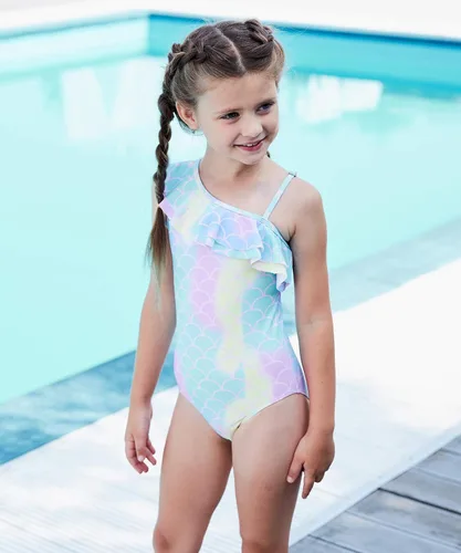 Vista 3 de Traje de baño de una pieza para niñas con un hombro con volantes traje de baño floral