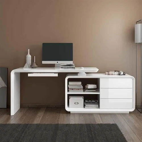 Vista 2 de SUNESA Escritorio de computadora, mesa de estudio, moderno, elegante, multifuncional, para PC, mesa de esquina blanca con estantes y cajones