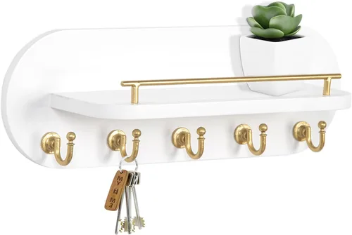 Vista 8 de SANY DAYO HOME Soporte para Llaves de Pared de Madera Marrón con Perchero de Entrada con 5 Ganchos Dorados, Barandilla de Estante de Metal