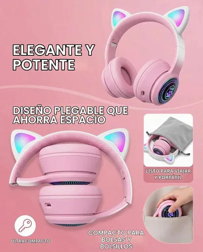 Vista 2 de Auriculares plegables inalámbricos Bluetooth 5.1 con luz LED, VIGROS estéreo, música, sonido envolvente con micrófono AUX para PC, pad, móvil Rosa