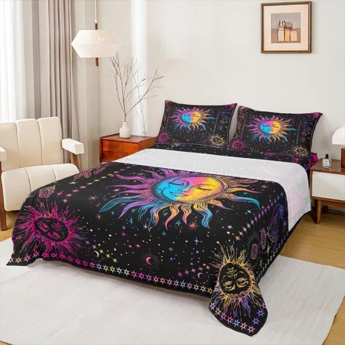 Vista 27 de Erosebridal Juego de sábanas tamaño individual con estampado de luna, diseño de flores de loto, color morado degradado, juego de sábanas orientales