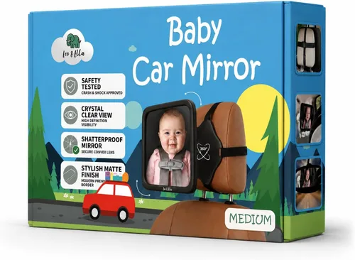 Vista 3 de Leo&Ella Espejo de coche para bebé, tamaño mediano, con montaje ajustable de 360°, visión infantil ultra transparente, inastillable, montaje