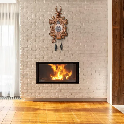 Vista 6 de Reloj de cuco con modo nocturno automático, cabeza de ciervo tallada a mano y decoraciones de madera (marrón)