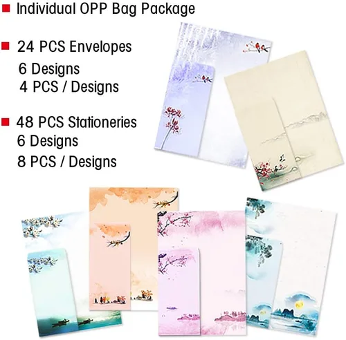 Vista 4 de Stationary - Juego de papel de escritura japonés de papelería, paquete de 48 papeles y sobres, diseño de pintura a tinta, 48 papeles fijos + 24