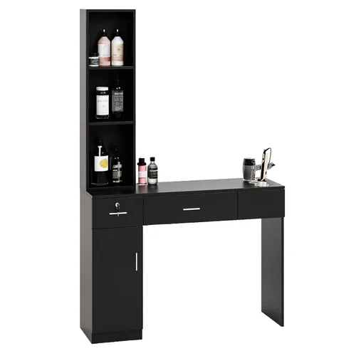 Vista 10 de OmySalon Estaciones de peluquería de montaje en pared, estaciones de salón para estilistas, juego de equipos de peinado con un gabinete de Negro