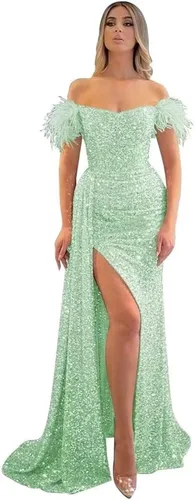 Vista 34 de Vestidos de fiesta de lentejuelas con hombros descubiertos, vestido formal de sirena brillante, vestido largo de fiesta de noche con abertura