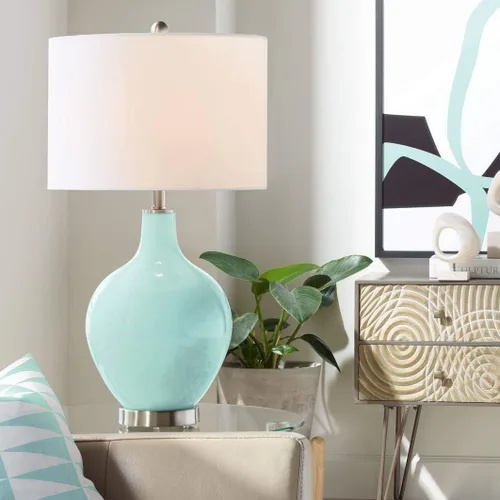 Vista 14 de Color + Plus Lámpara de mesa moderna de 28.5 pulgadas de alto, cristal azul Mónaco OVO blanco con pantalla de tambor de lino para sala de estar