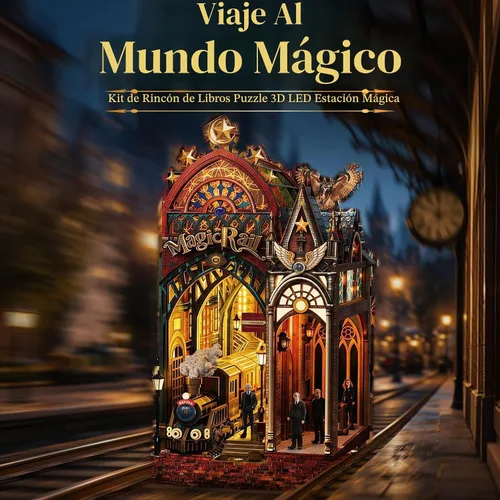 Vista 3 de Rompecabezas de madera 3D, kit de rincón de libros, estación de tren mágico con luces LED y música, kits de rompecabezas de madera en miniatura