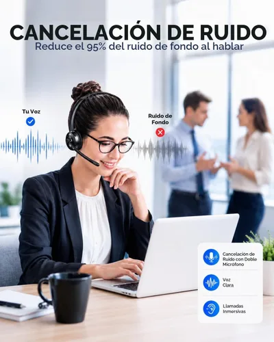 Vista 4 de TECKNET - Auriculares Bluetooth, auriculares inalámbricos con micrófono de cancelación de ruido para camionero, auriculares Bluetooth sobre la oreja