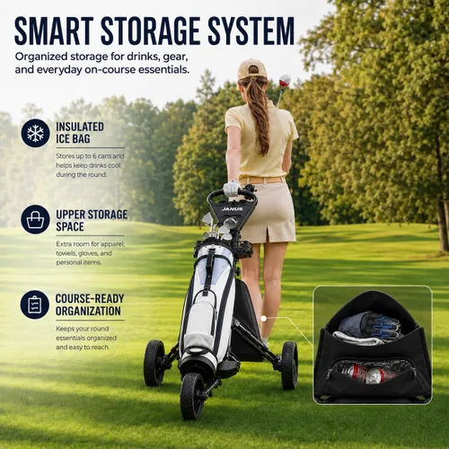 Vista 7 de JANUS Pace - Carrito de golf con soporte giratorio de 360°, carrito de golf plegable de 3 ruedas con plegado de un solo clic, ruedas anchas de EVA