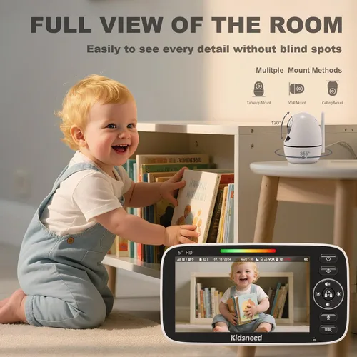 Vista 3 de Kidsneed Monitor de bebé con cámara y audio: monitor de bebé de video 720P de 5 pulgadas, sin WiFi, duración de la batería de 48 horas, visión