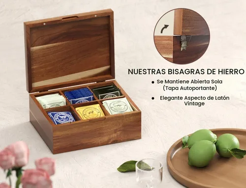 Vista 3 de Bolsa de té de madera de acacia con 6 compartimentos
