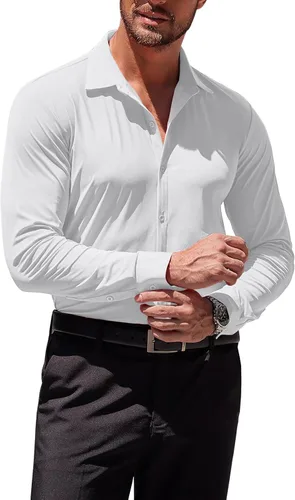 Vista 4 de COOFANDY Camisas de vestir ajustadas para hombre, sin arrugas, manga larga, casuales, con botones