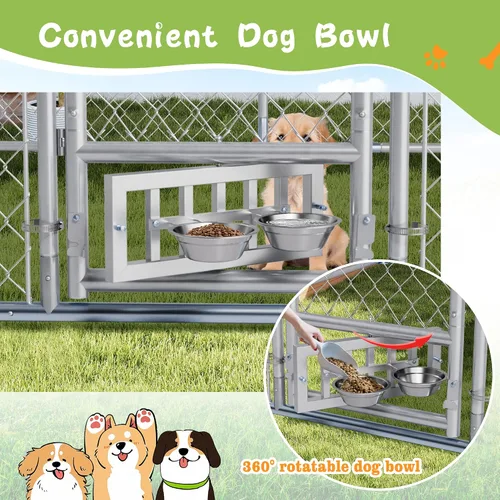 Vista 2 de Grepatio Perrera para perros al aire libre de 10 x 10 pies con techo, recinto exterior para perros con 2 comederos giratorios, cerca para perros