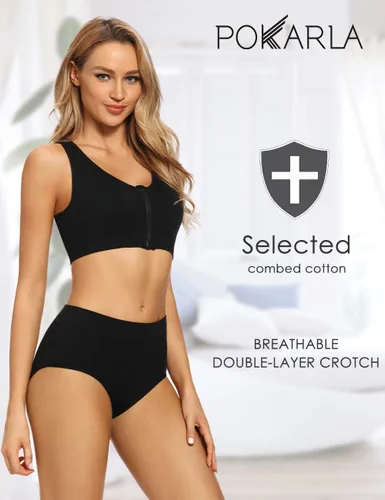 Vista 3 de POKARLA - Ropa interior elástica de algodón para mujer, pantaletas de cintura media alta, paquete de 5 Negro