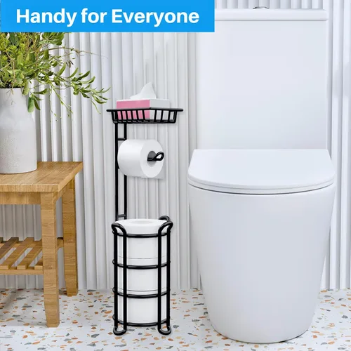 Vista 7 de Soporte de papel higiénico con estante, estante de almacenamiento de rollos de papel higiénico con dispensador para baño, color negro