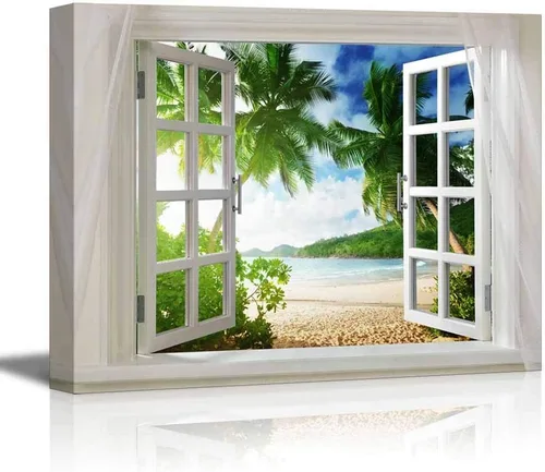 Vista 41 de wall26 - Cuadro en lienzo para pared, vista de ventana, atardecer neón, cielo, palmera tropical, playa, naturaleza, desierto, fotografía, realismo