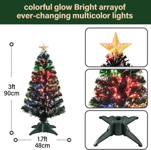Vista 4 de Árbol de Navidad artificial de fibra óptica preiluminado de 3 pies con estrella superior, mini árbol de Navidad de mesa con iluminación multicolor