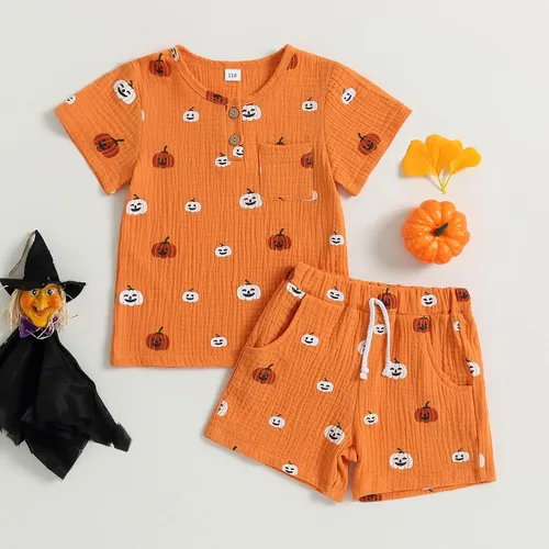 Vista 2 de Traje de Halloween para niño y niña, camisa de manga corta de calabaza, pantalones cortos, ropa de Halloween para niños y niñas