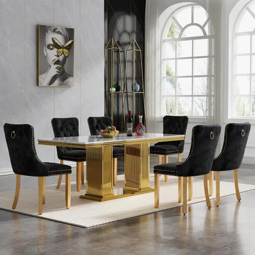 Vista 12 de Juego de mesa de comedor de 5 piezas para 4, mesa de cocina de mármol negro de 68 pulgadas con 4 sillas beige, mesa de comedor rectangular moderna