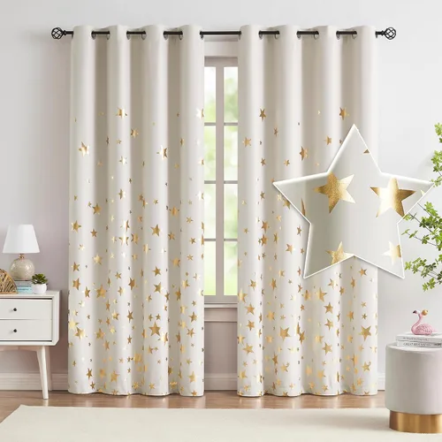 Vista 19 de Treatmentex Cortinas Blackout Completas Gold Star Negras para Dormitorio de Niños Varones, Paneles de Ventana con Acabado Metálico para Cuarto