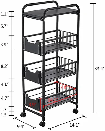Vista 3 de Carrito de almacenamiento de metal de 4 niveles, torre organizadora de almacenamiento deslizante, carrito de almacenamiento delgado y estrecho