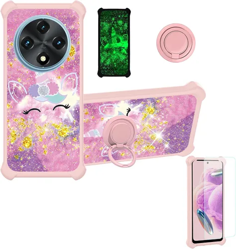 Vista 45 de jioeuinly Funda compatible con Oukitel P1 Pro con protector de pantalla de vidrio templado, policarbonato duro + silicona suave, soporte de anillo