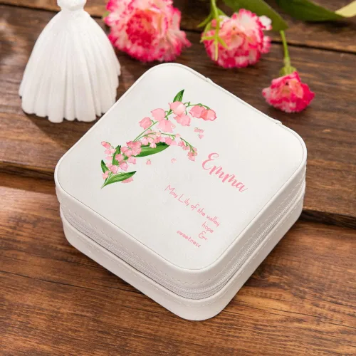 Vista 3 de Joyero de viaje de cuero personalizado para mujer, con nombre grabado y flor de nacimiento, funda personalizada, estuche organizador de joyas, caja