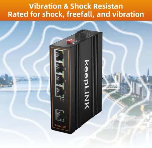 Vista 7 de Interruptor PoE industrial de 5 puertos no gestionado, interruptor de riel DIN Fast Ethernet de 125 W, IP40, rango de temperatura de funcionamiento