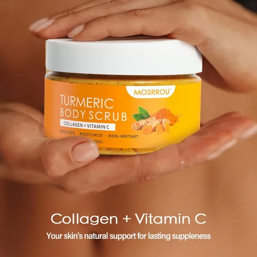 Vista 8 de Exfoliante corporal de cúrcuma, vitamina C, exfoliante corporal con colágeno y aceite de coco, removedor de piel muerta, exfoliante natural suave e