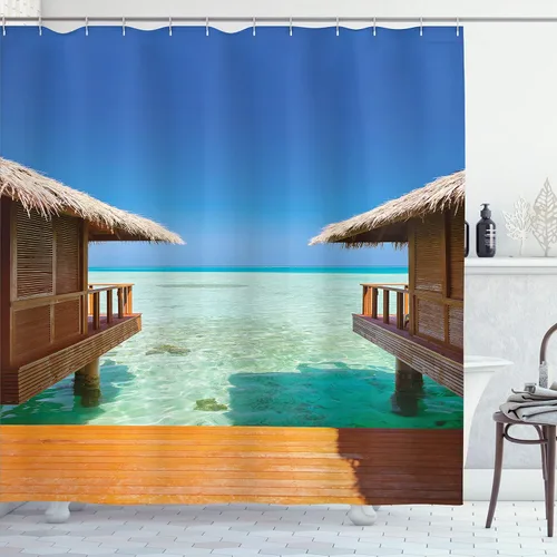 Vista 114 de Ambesonne Cortina de ducha de gaviotas, cielo nublado y gaviota voladora, imagen de meteorología de paisaje nublado, juego de decoración de baño