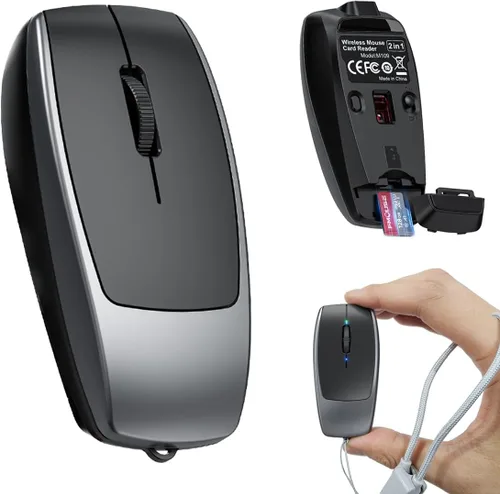 Vista 10 de FMOUSE Mini 2-en-1 Ratón Inalámbrico Bluetooth y Lector de Tarjetas TF - Tarjeta TF de 8 GB Incluida, Adaptador de Type-C a USB, Recargable, Ultra