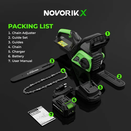 Vista 8 de NovorikX Motosierra inalámbrica de 20 V, motosierra eléctrica de 10 pulgadas con batería de 4.0 Ah y cargador, engrasador automático, tensión