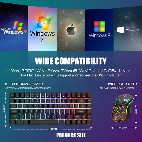 Vista 6 de Combo de teclado y mouse inalámbricos RedThunder K84, batería recargable con retroiluminación arco iris, teclado ultra compacto TKL de 75%