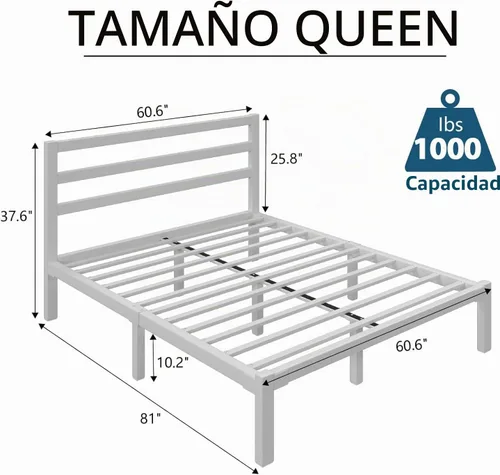 Vista 2 de LoVinson Marco de cama de metal tamaño Queen con cabecero, listones de metal, color blanco