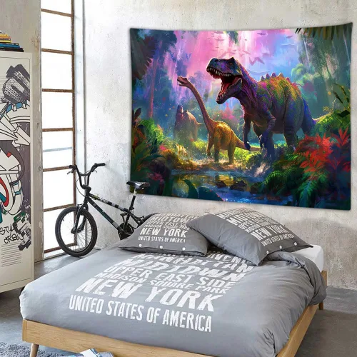 Vista 4 de Tapiz decorativo de dinosaurio para dormitorio de niños, genial animal antiguo T-Rex Forest Art Tapices para colgar en la pared, póster